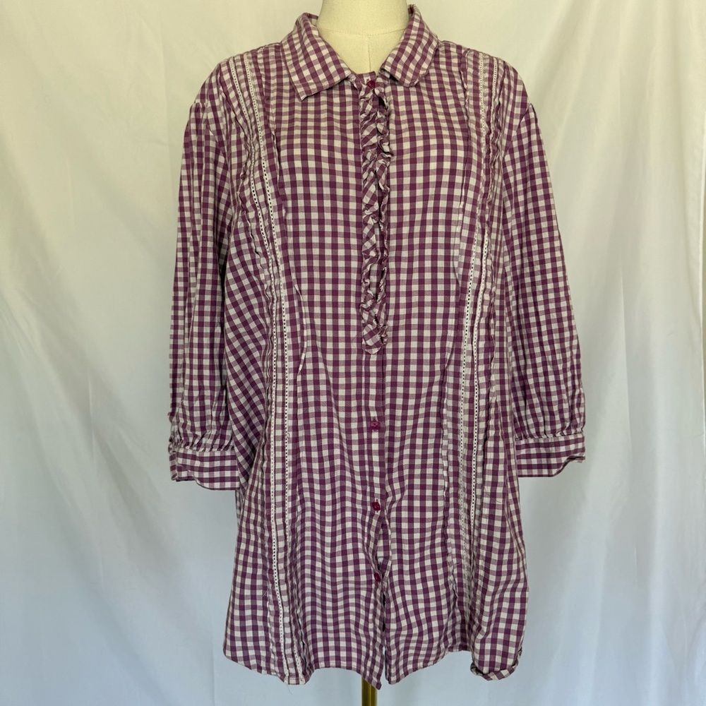 Lane Bryant 100% Cotton Purple and White Gingham Check Button-Down Shirt
